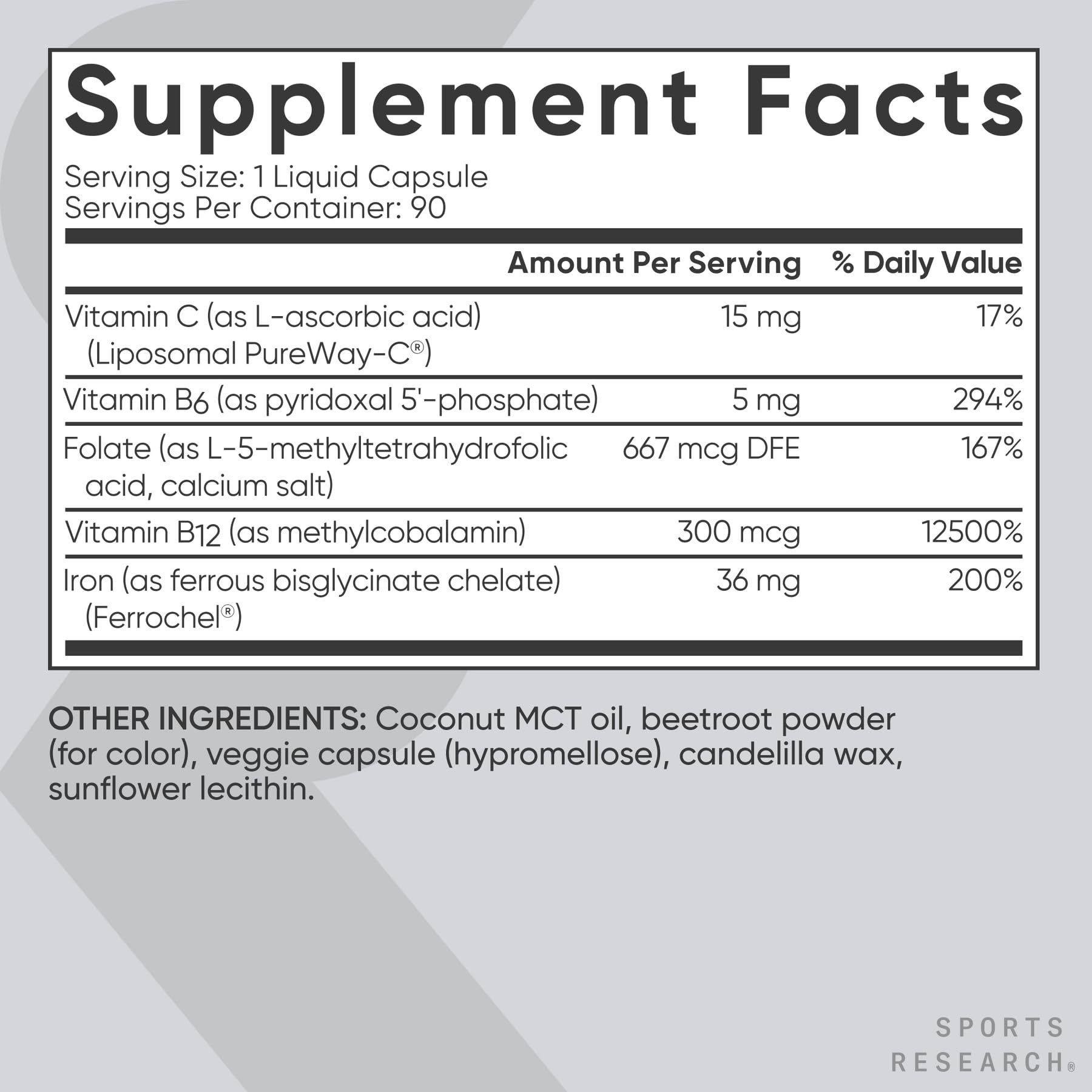 Sports Research® Blood Balance Iron Supplement 36mg, 90 Liquid Caps | 36mg Iron, Folate & Vitamin C for Absorption | Red Blood Cell Support for Women & Men | Vegan Certified, Non-GMO, Gluten-Free
