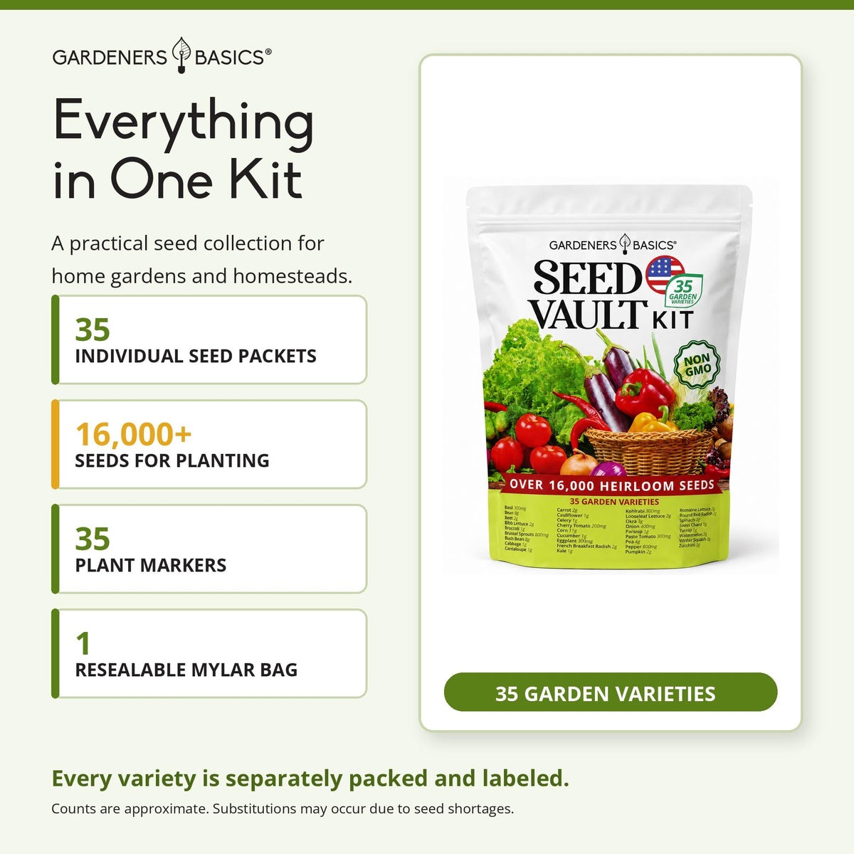Gardeners Basics Survival Seed Vault Kit, Vegetable Seeds for Planting