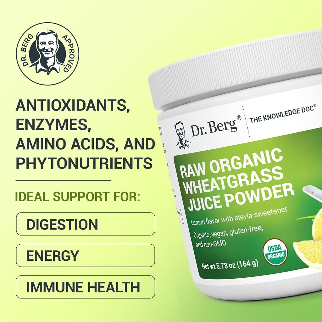 Buy now Dr. Berg USDA Certified Organic Green Powder Superfood (60 Servings) - Made with Raw Wheatgrass, Chlorophyll, Trace Minerals & Natural Enzymes - Non-GMO Green Superfood Powder - Lemon Flavor at indiglob india