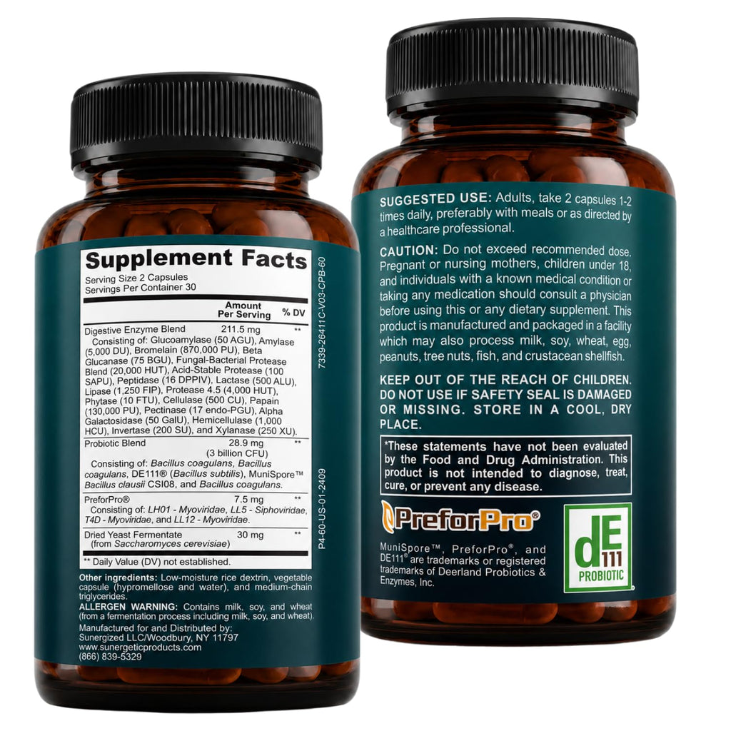 4-in-1 Probiotic Prebiotic & Postbiotic with Digestive Enzymes, 60 Capsules | Daily tribiotic for men & women with DE111, PreforPro, dried yeast fermentate & enzymes; 30 servings, no refrigeration