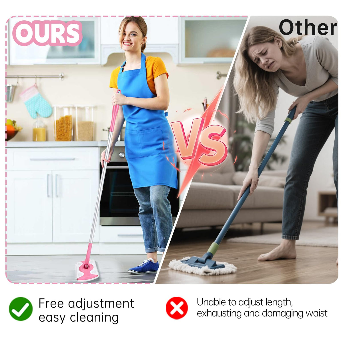 Mop Handle Compatible with Swiffer, Detachable Pink Extra Long Mop Handle for Swiffer