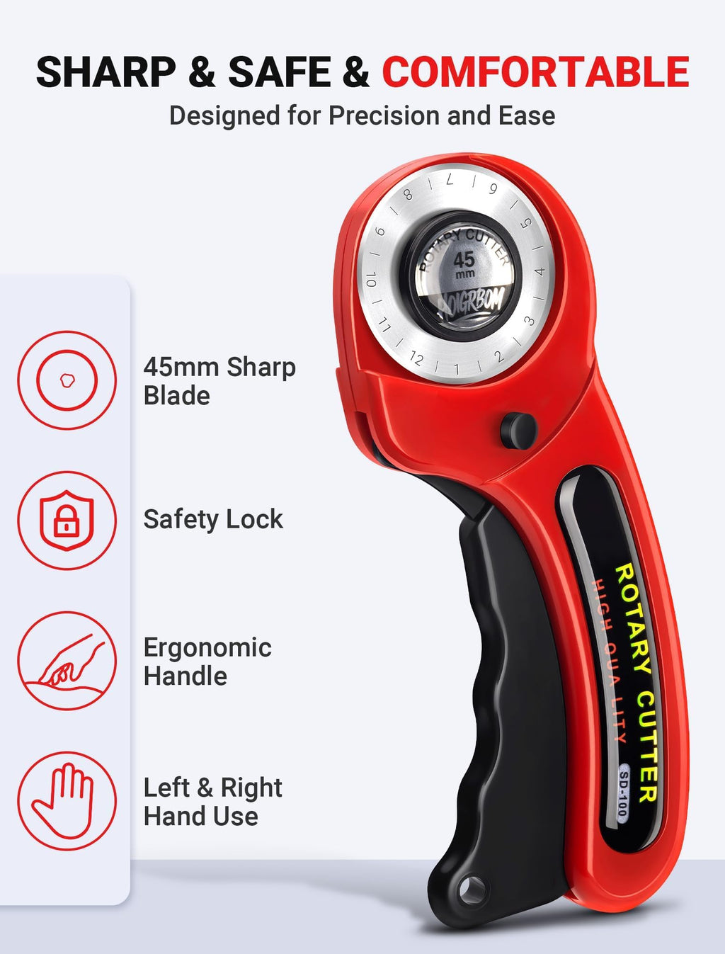 45mm Fabric Rotary Cutter with 5 Extra Blades, Ergonomic Handle