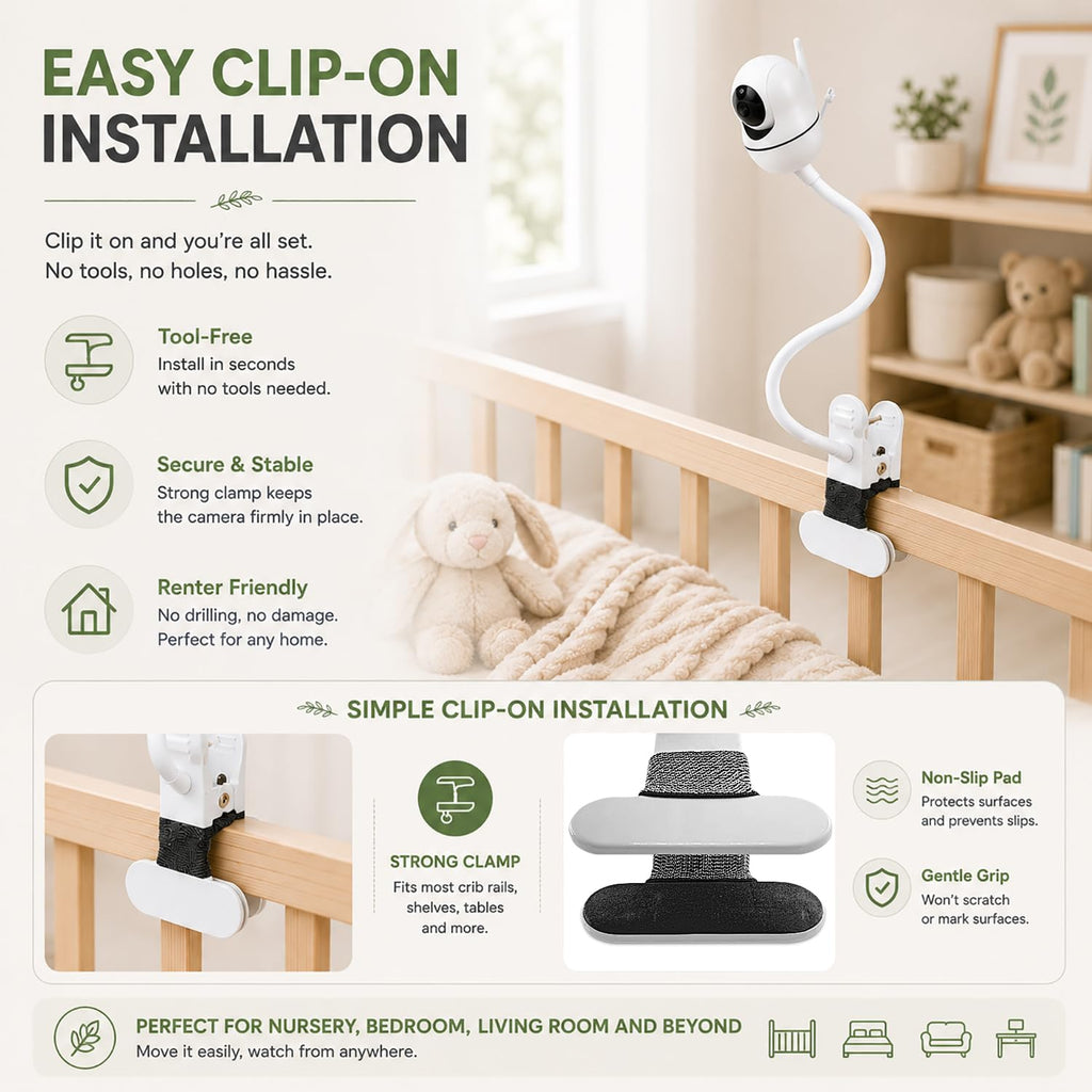 15.7 inch Flexible Baby Monitor Clip Mount for HelloBaby HB6560/HB6550/HB65/HB40/HB6339/HB66/HB6550Pro, ANMEATE SM935E, Baby Camera Mount Holder Stand with , Attach to Baby Crib Without Without Tools