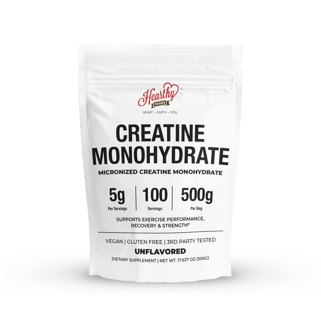 HEARTHY FOODS Creatine Monohydrate Micronized Powder 500G - 100 Servings, 5000mg Per Serving (5g) - for Men & Women Muscle Growth & Recovery - UNFLAVORED