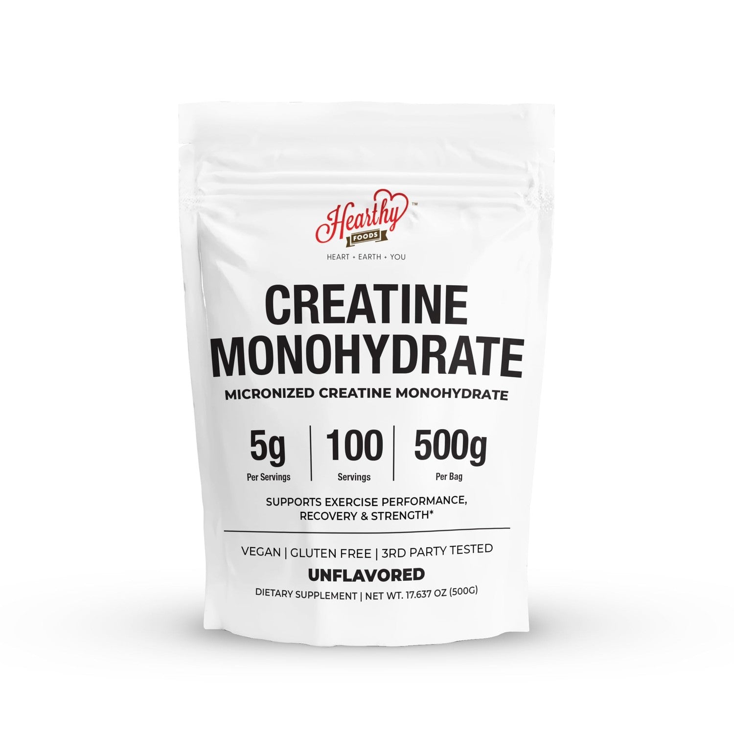 HEARTHY FOODS Creatine Monohydrate Micronized Powder 500G - 100 Servings, 5000mg Per Serving (5g) - for Men & Women Muscle Growth & Recovery - UNFLAVORED