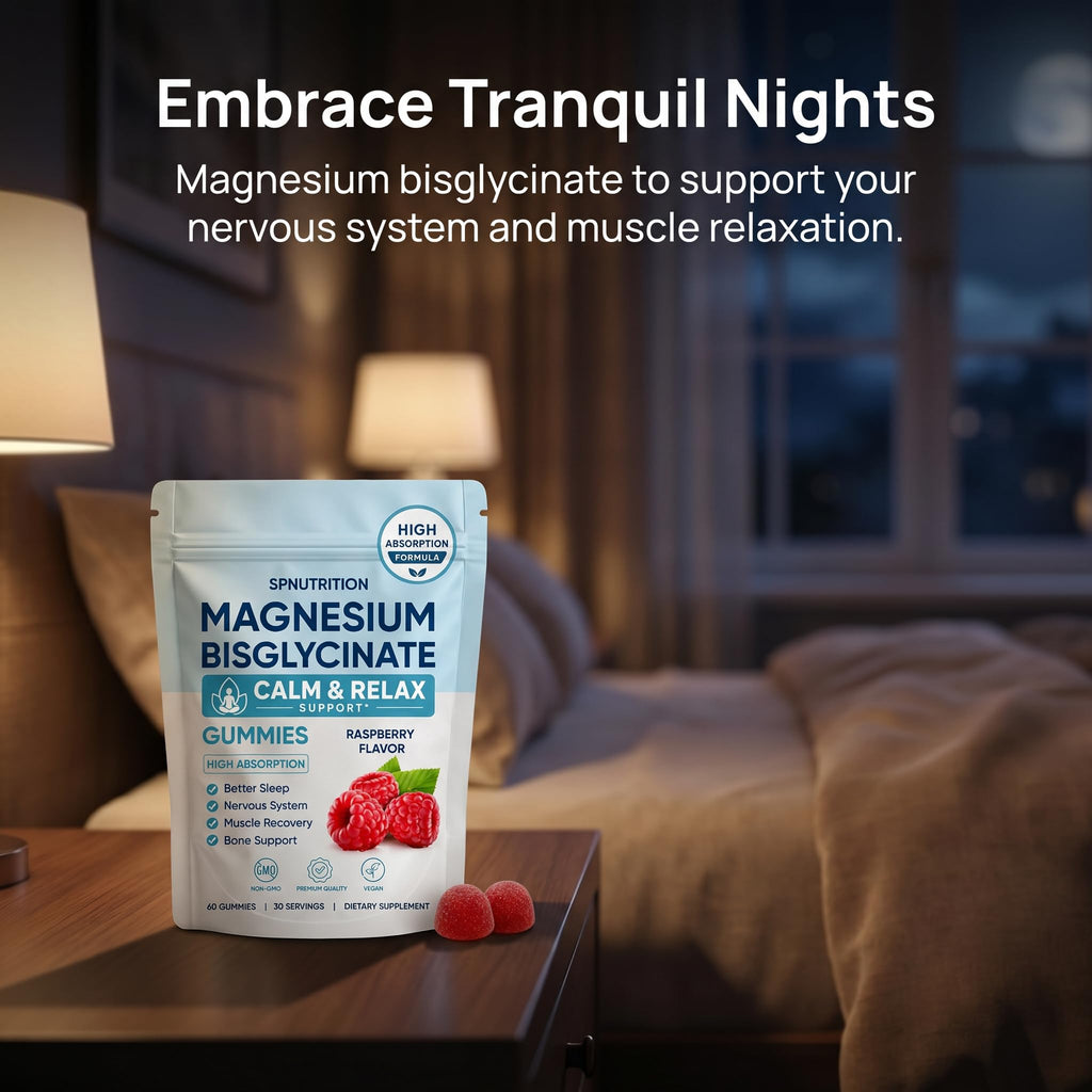 Magnesium Bisglycinate Gummies, 400mg Magnesium Bisglycinate Chelate with Sea Salt & Raspberry Powder, Supports Sleep, Nerve & Muscle Relaxation, Bone Health Support, Vegan, 60 Gummies (1)