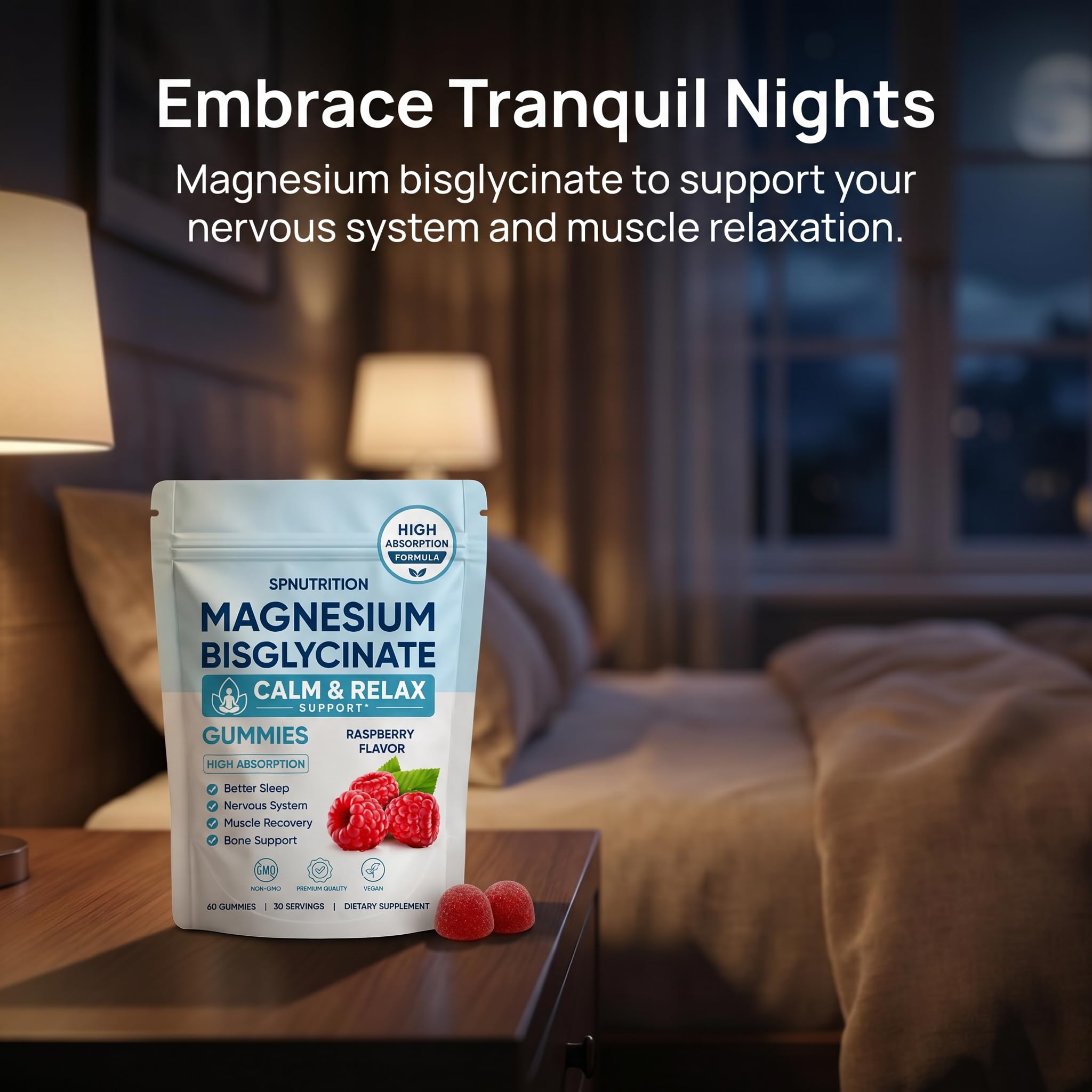 Magnesium Bisglycinate Gummies, 400mg Magnesium Bisglycinate Chelate with Sea Salt & Raspberry Powder, Supports Sleep, Nerve & Muscle Relaxation, Bone Health Support, Vegan, 60 Gummies (1)