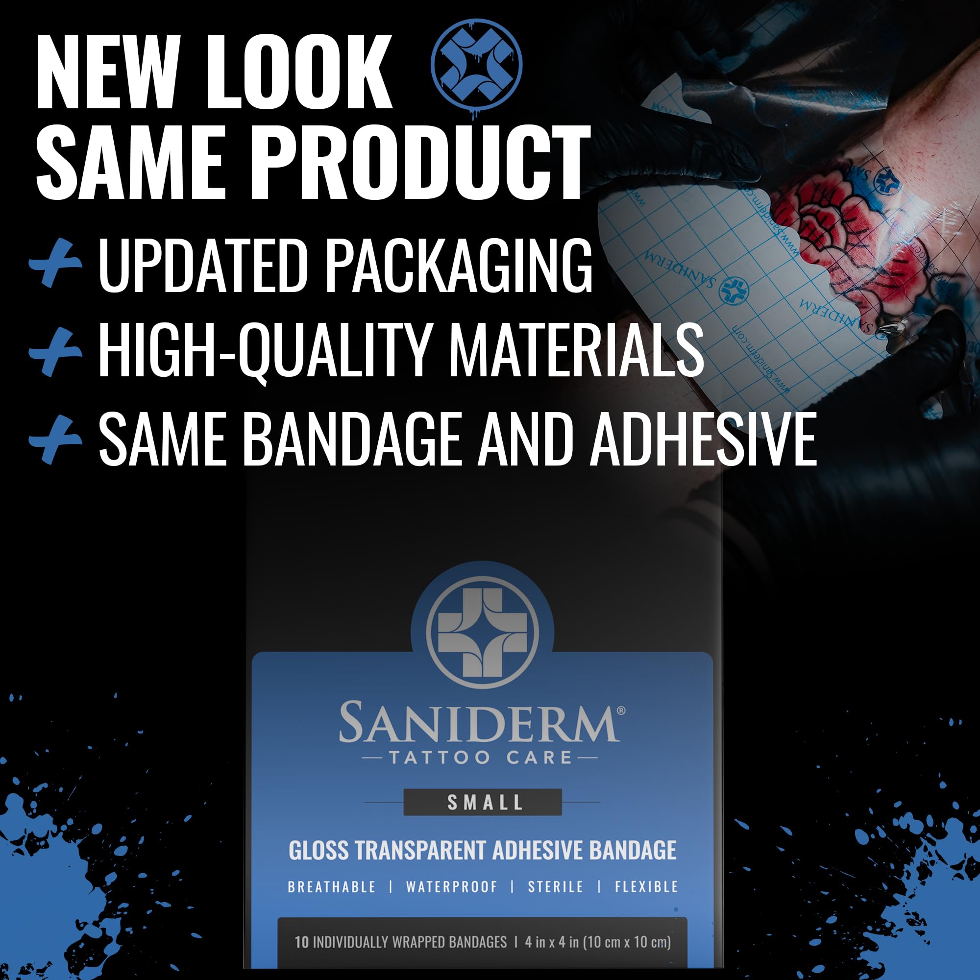 Saniderm - Tattoo Aftercare Bandage 10 Sheets - 4 x 4 Inch Small Pack | Contains Waterproof, Sterile, Latex-Free Bandage Sheets and Medical-Grade Tattoo Aftercare Film for Fresh Ink Protection.