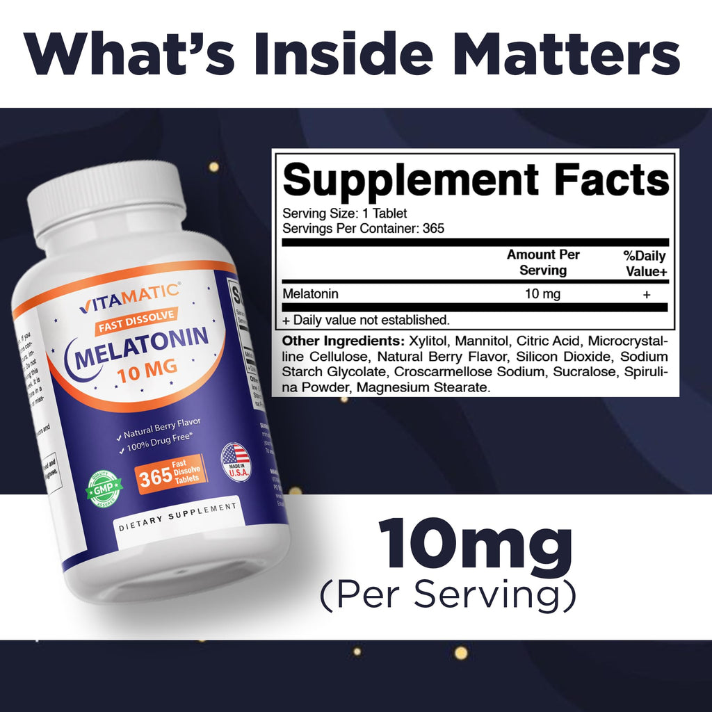 Vitamatic Melatonin 10 mg Fast Dissolve Tablets – Quick-Dissolving Sleep Support Supplement for Adults – Vegetarian, Non-GMO & Gluten-Free – Natural Berry Flavor – 365 Tablets