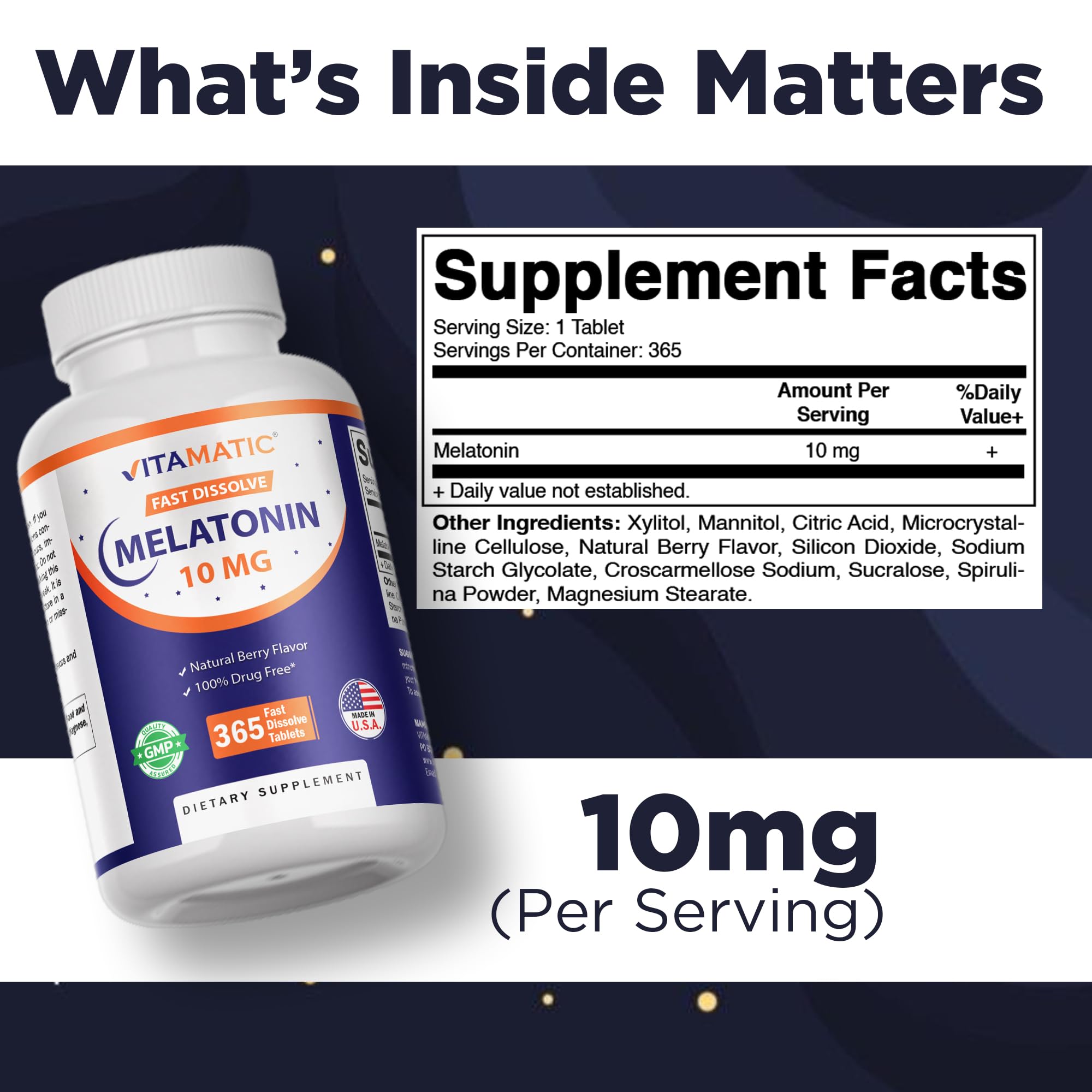 Vitamatic Melatonin 10 mg Fast Dissolve Tablets – Quick-Dissolving Sleep Support Supplement for Adults – Vegetarian, Non-GMO & Gluten-Free – Natural Berry Flavor – 365 Tablets