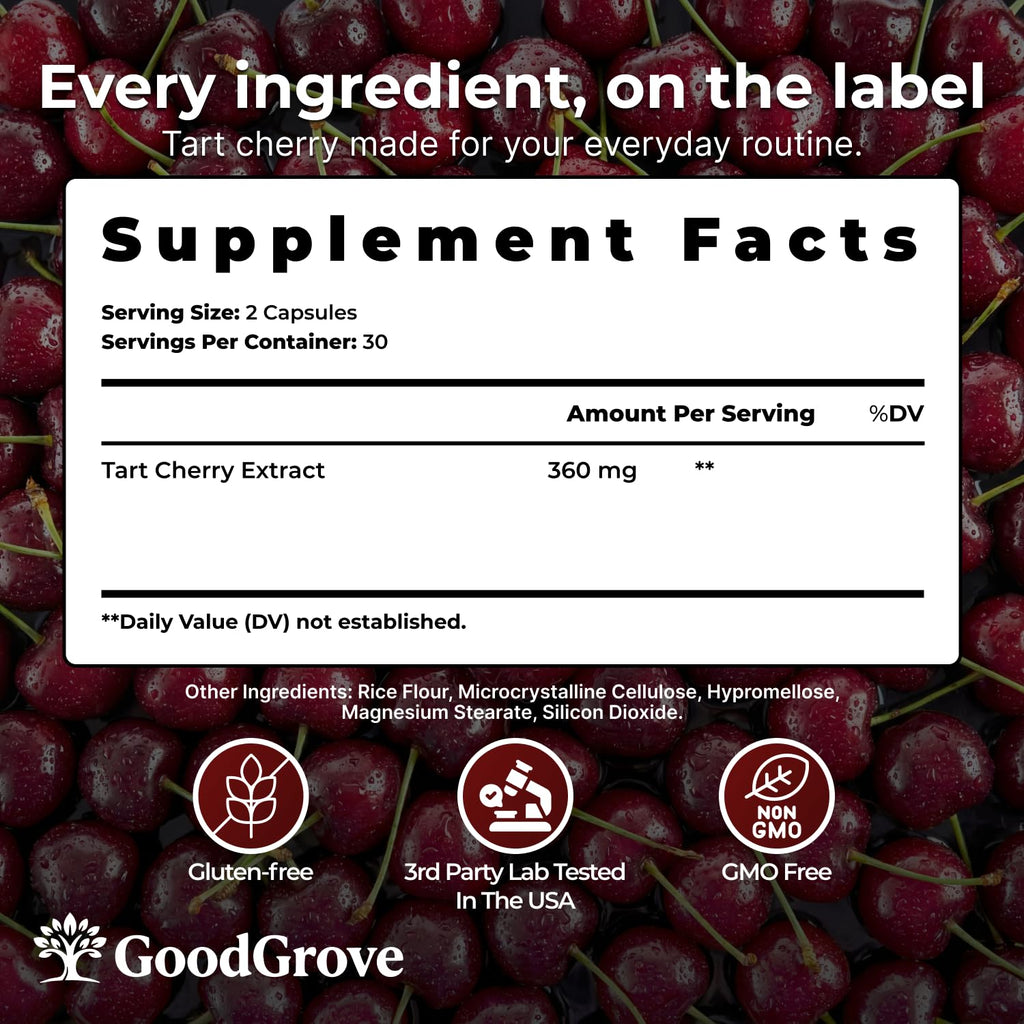 Montmorency Tart Cherry Capsules - Cold Pressed Tart Cherry Extract, 360mg Per Serving - Joint & Uric Acid Support - Vegan, Non-GMO, Gluten Free - 60 Count