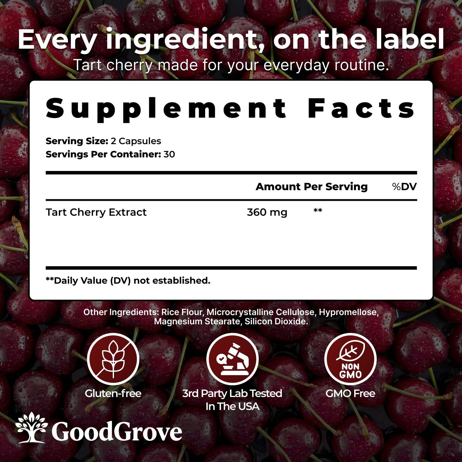 Montmorency Tart Cherry Capsules - Cold Pressed Tart Cherry Extract, 360mg Per Serving - Joint & Uric Acid Support - Vegan, Non-GMO, Gluten Free - 60 Count