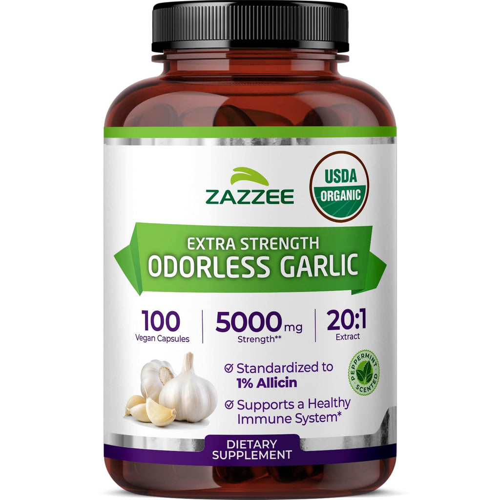 Zazzee USDA Organic Odorless Garlic 20:1 Extract, 1% Allicin, 100 Capsules | Vegan, 3+ Month Supply, Allium Sativum, Immune, Circulation & Heart Health Support, All-Natural, Non-GMO, Made in the USA