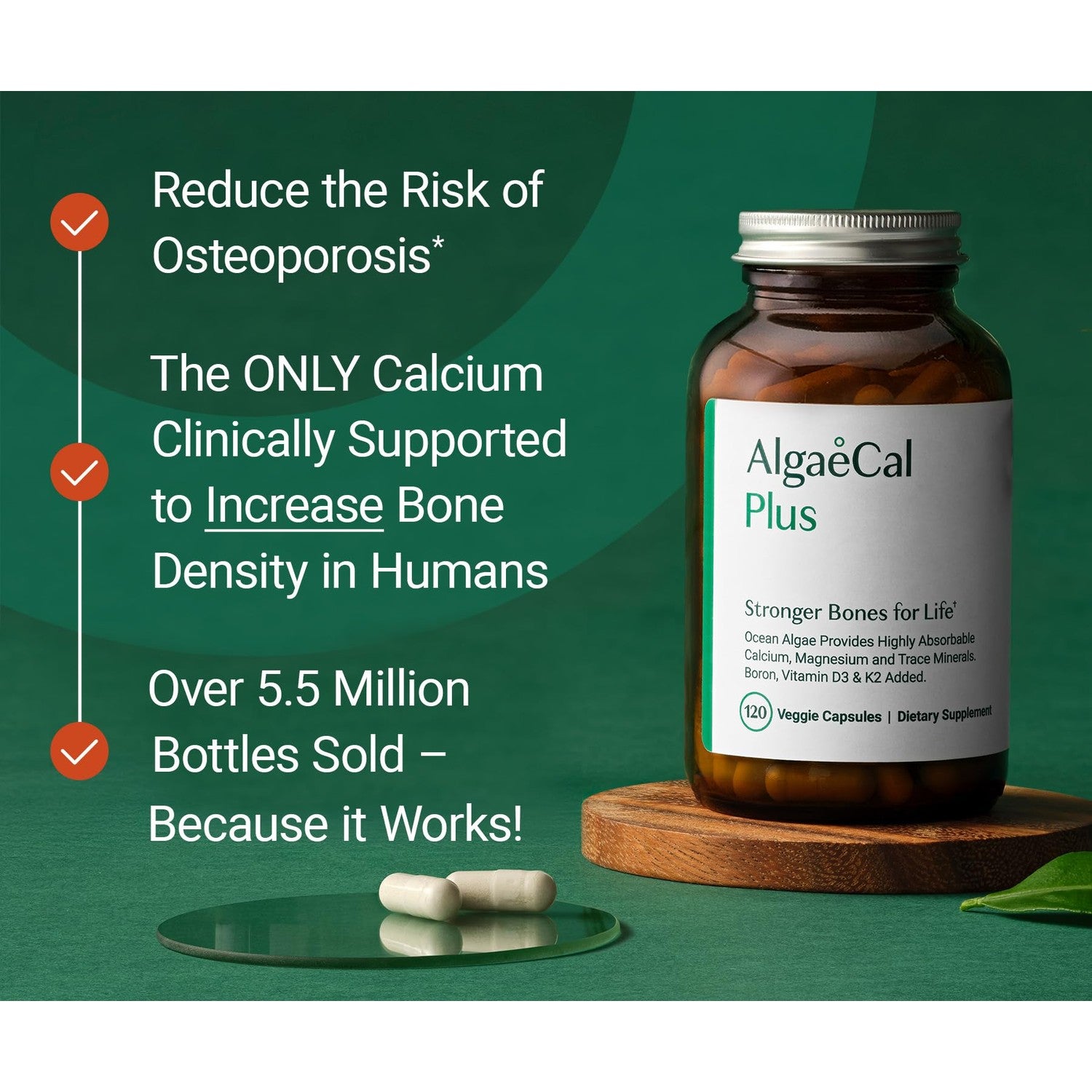 ALGAECAL Plus Calcium Supplement for Bone Density, D3 K2, 120 Caps, 3 Packs | Organic red algae calcium with D3 (1600 IU), K2 MK-7 (100mg), magnesium (350mg) & trace minerals for stronger bones.