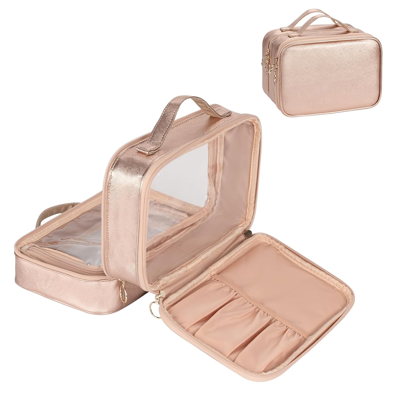 Buy now OCHEAL Makeup Bag, Double Layer Cosmetic Bag, Large Capacity New Look Clear Cosmetic Case for Women Travel Beauty Essentials, Multiple Compartments Makeup Case Organizer Zipper Pouch -Black Large 02_Rose Golden at indiglob india