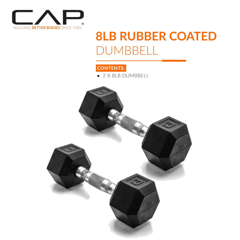 CAP 8 LB Rubber Coated Hex Dumbbell Weight, Rubber Hand Weights for Home Gym Strength Training, Chrome Handle, Pair