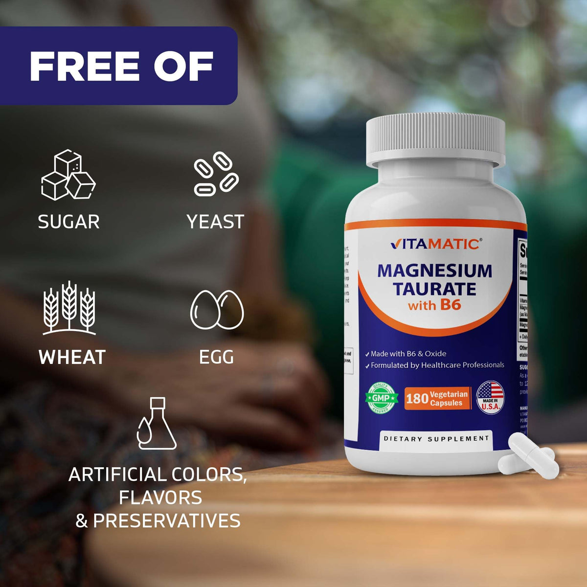 Vitamatic Magnesium Taurate 1500mg per Serving - 180 Vegetarian Capsules (Provides 300 mg of Elemental Magnesium) - Added B6 for Maximum Absorption - Supports Muscle, Joint, and Heart Health*