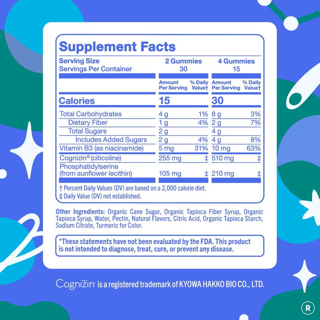 Teen Focus Gummies with Cognizin Citicoline, PS & Vitamin B3 for Ages 13-18 | Brain gummies for teens with Cognizin® citicoline and phosphatidylserine; caffeine-free choline gummies for focus and memory