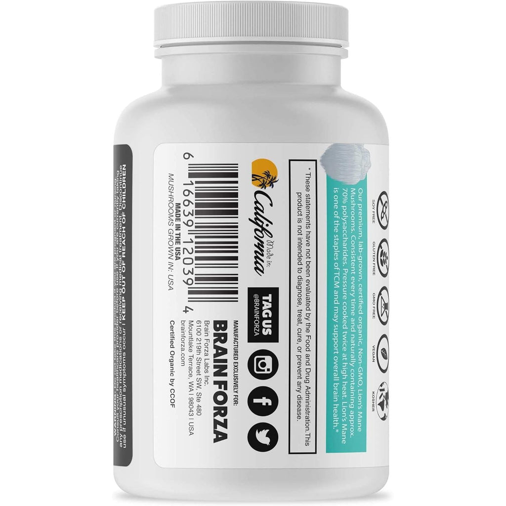 Buy now Brain Forza Organic Lion's Mane Mushroom Capsules, Natural Supplement for Memory Support, Focus, Clarity, Nerve Health, Non-GMO, Vegan, Organic, 90 Capsules at indiglob india