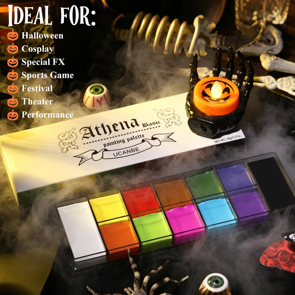 UCANBE Athena Basic Face Body Paint Oil Palette, 12 Color Large Black White Professional Face Painting Makeup Kit, Facepaint Pallet for Halloween SFX Party Art Stage Costume Cosplay Clown Goth Make Up