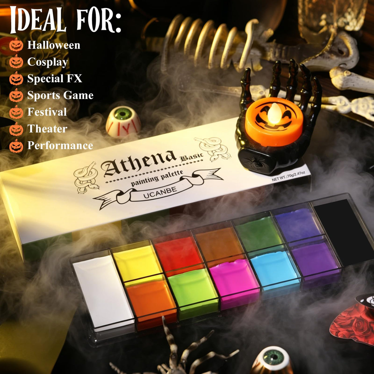UCANBE Athena Basic Face Body Paint Oil Palette, 12 Color Large Black White Professional Face Painting Makeup Kit, Facepaint Pallet for Halloween SFX Party Art Stage Costume Cosplay Clown Goth Make Up