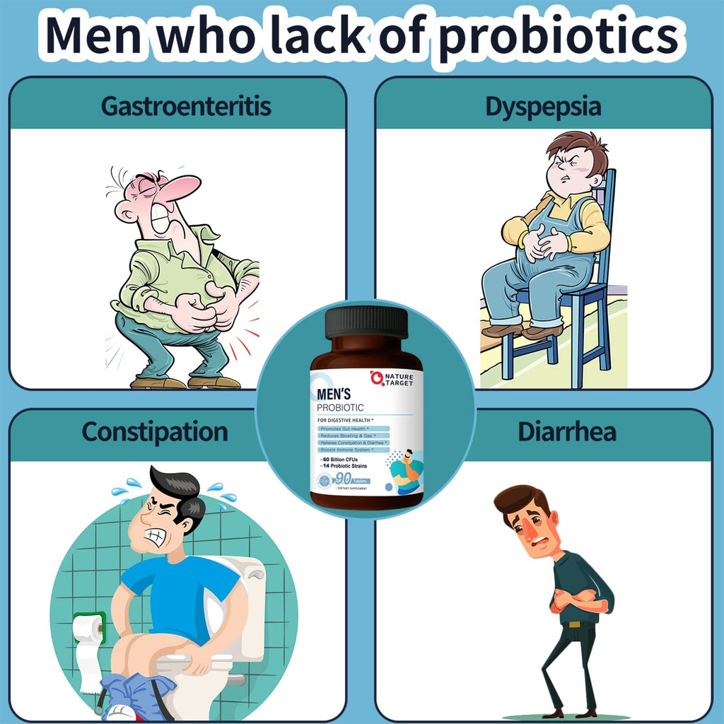NATURE TARGET Probiotics for Men, 60 Billion CFU, 90 Veggie Tablets | 14 Strains Probiotics & Prebiotics for Men's Digestive & Immune Health, Shelf Stable, Gluten & Soy Free