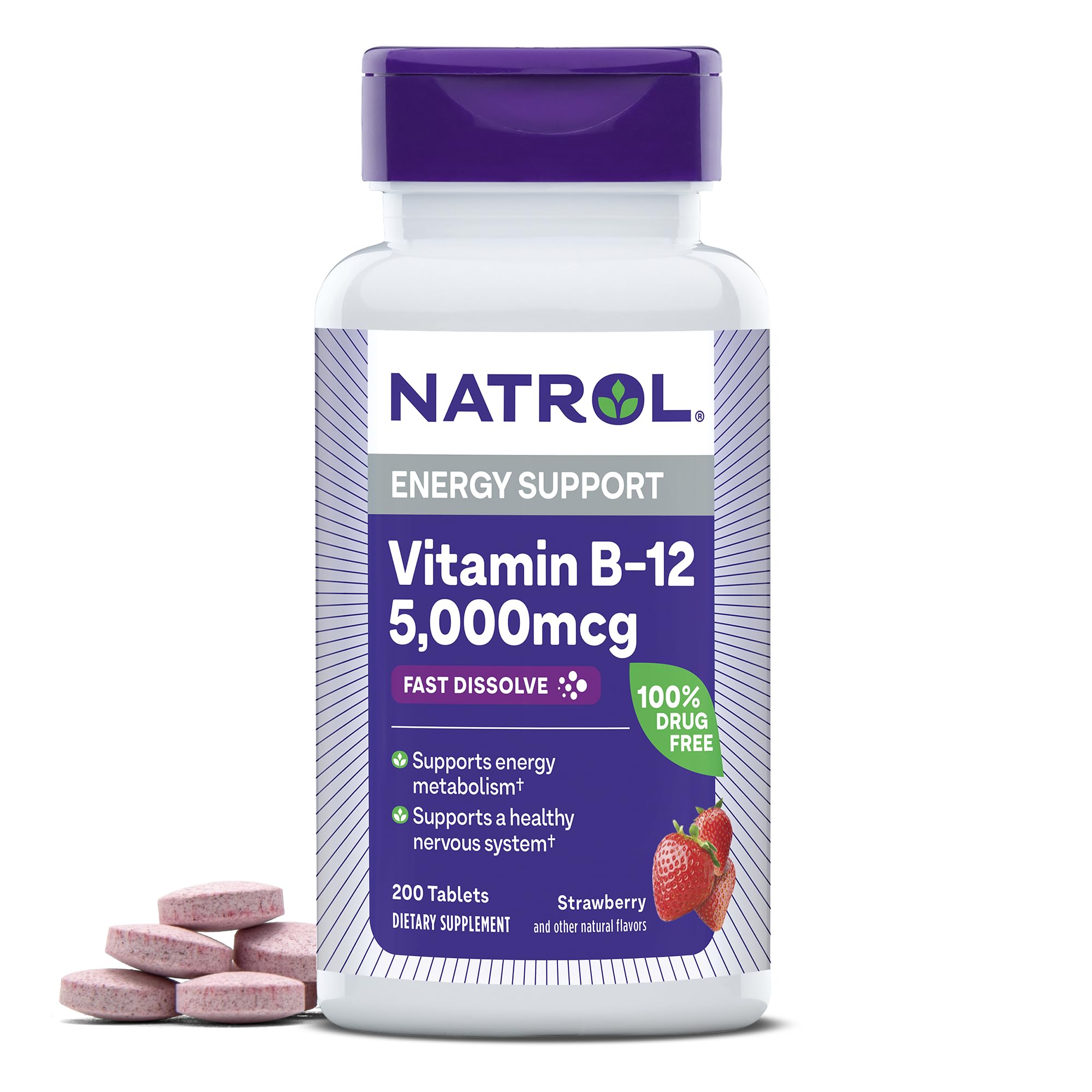 Natrol Vitamin B12 5000 mcg Fast Dissolve B12 Supplement, 100 Tablets | Supports a Healthy Nervous System and Energy Metabolism, 100 Day Supply