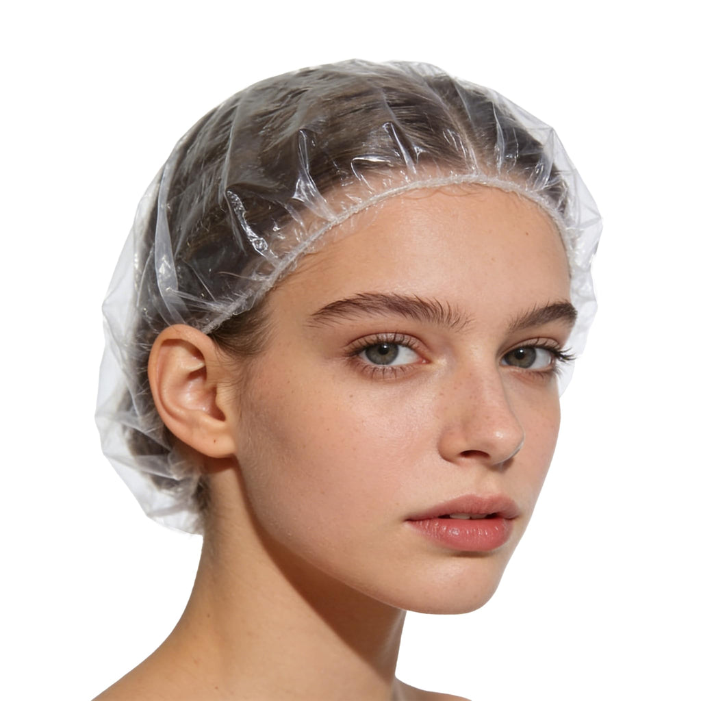 100PCS Larger Shower Caps Disposable, Thicker Waterproof Plastic Elastic Hair Bath Caps, Plastic Hair Caps for Women, Spa, Home Use, Hotel and Hair Salon, Portable Travel