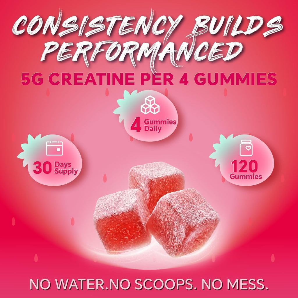 Creatine Monohydrate Gummies 5000mg for Women & Men, Strawberry, 120 Count