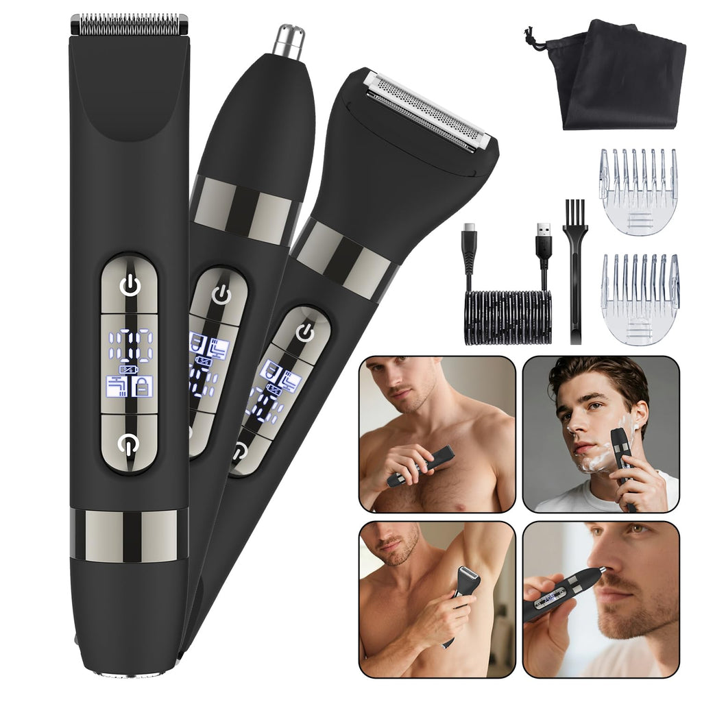 Hatteker 4 in 1 Multifunctional Dual - Head Body Hair Trimmer for Men, IPX7 Waterproof Groin & Body Hair Groomer, Rechargeable Body Electric Shaver Razor