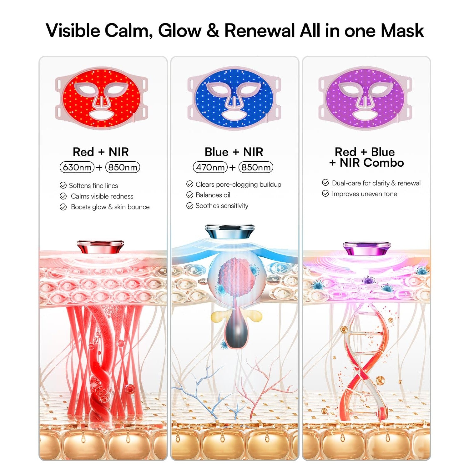 INIA Red Light Therapy Mask for Face, 850nm NIR, Red/Blue LED Light 4 Modes | Visible Results in Just 4 Weeks, 220 LEDs, 105mW/cm² Output, 2600mAh Rechargeable Battery, 10-30min Timer, Auto Shut-off