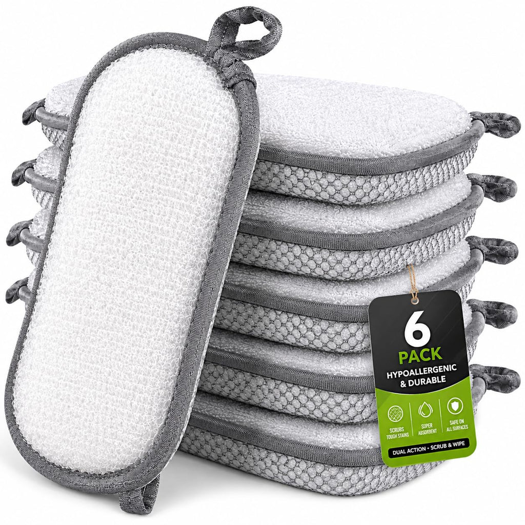 R&C Scrub Max Sponges Kitchen Dish Dual-Sided Sponge for Washing Dishes Cleaning Kitchen, All-Purpose (6 Pack,Large) Non Scratch, Rough Scrubbers Side for Non-Stick Cookware, Soft Microfiber Scrub