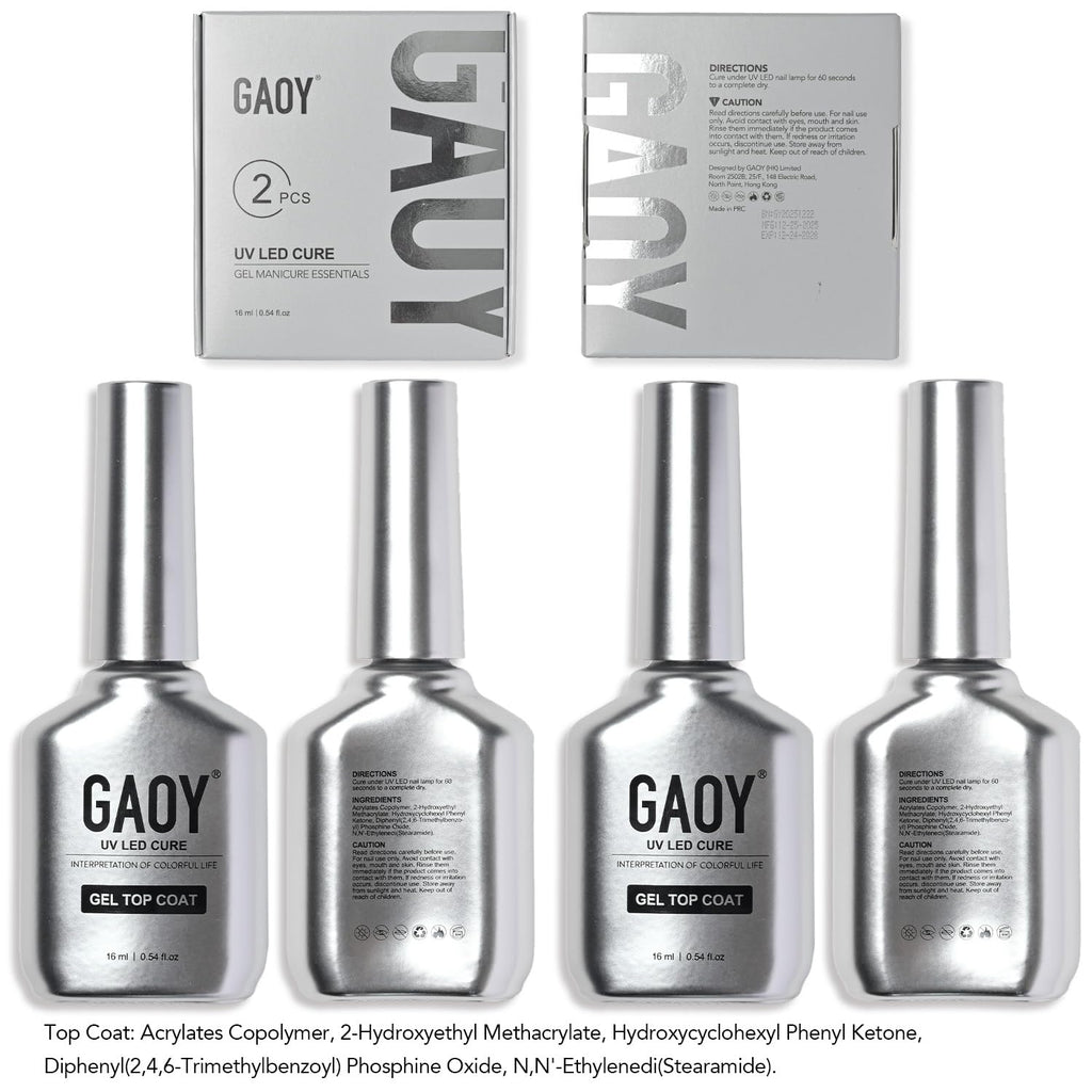 GAOY 2 Pcs 16ml No Wipe Gel Top Coat, Glassy Clear Gel Top Coat, High Gloss Finish for UV Light Cure Nail Polish