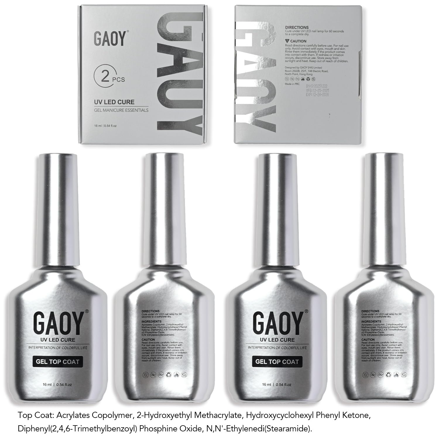 GAOY 2 Pcs 16ml No Wipe Gel Top Coat, Glassy Clear Gel Top Coat, High Gloss Finish for UV Light Cure Nail Polish