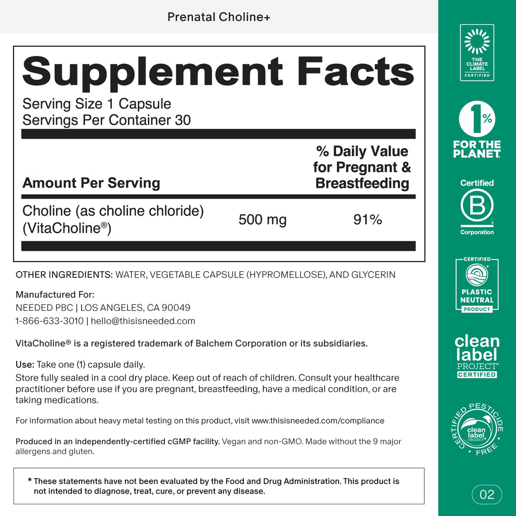 Needed. Prenatal Choline+ for Cognitive Development, 30 Liquid Capsules | Choline Supplements For Pregnancy, Aids Baby Brain Development & Supports Healthy Pregnancy, Third Party Tested