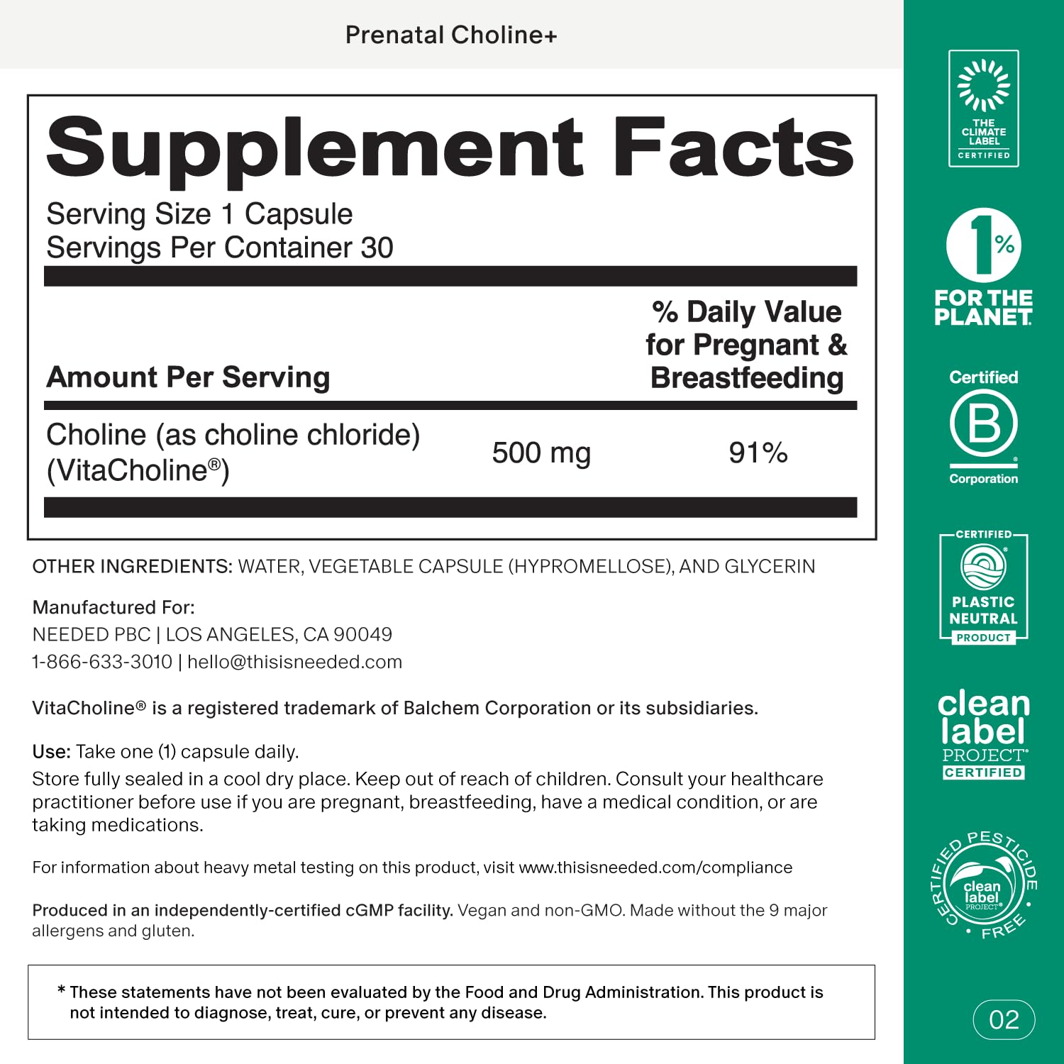 Needed. Prenatal Choline+ for Cognitive Development, 30 Liquid Capsules | Choline Supplements For Pregnancy, Aids Baby Brain Development & Supports Healthy Pregnancy, Third Party Tested