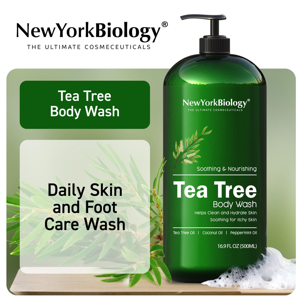 New York Biology Tea Tree Body Wash for Men & Women - 16.9 Fl Oz | Moisturizing Body Wash Helps Soothe the Skin, Refreshing & Hydrating Cleanser for Body & Feet