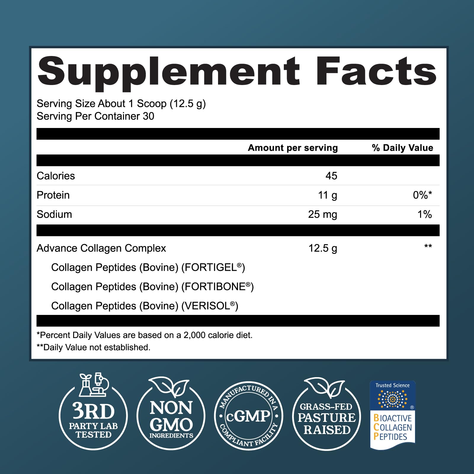 Advanced Collagen Complex with VERISOL®, FORTIBONE® & FORTIGEL, 30 Servings | Supports Hair, Skin, Bone & Joint Support - Clinically Studied Grass-Fed Hydrolyzed Collagen - Non GMO, 3rd Party Lab Tested