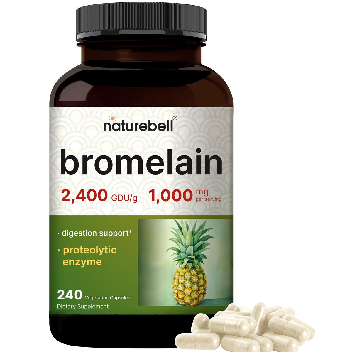 NatureBell Bromelain, 1,000mg Per Serving, 240 Veggie Capsules | 2,400 GDU – Digestive Enzymes & Joint Support Supplement – Proteolytic Enzymes for Digestion, Fresh Pineapple Source – Non-GMO