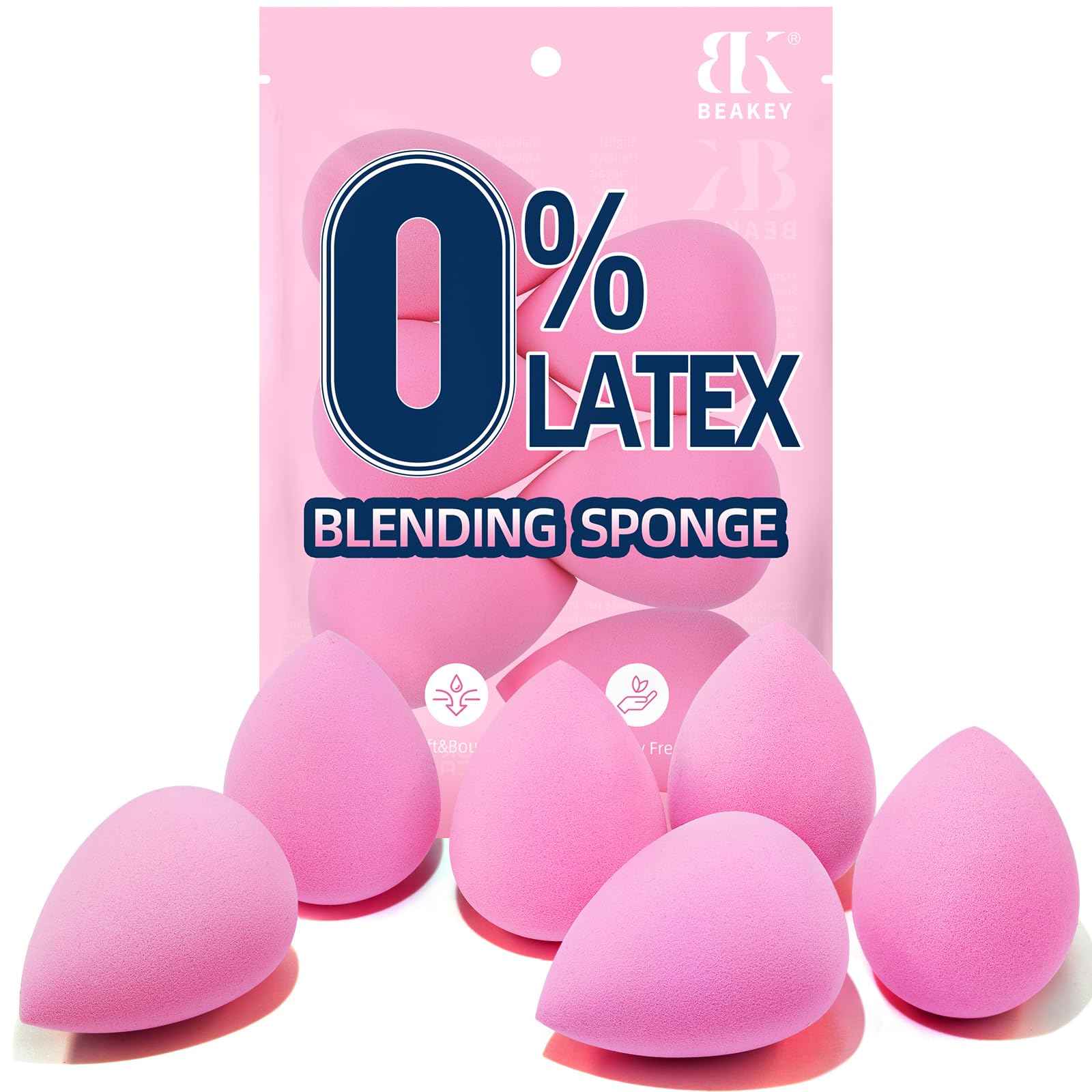BEAKEY Makeup Sponge Set of 6, Super Soft Beauty Sponges for Foundation | for Liquid, Cream & Powder Application, Pink Blender for Flawless Blending, 0 Latex Vegan & Cruelty-Free, Reusable