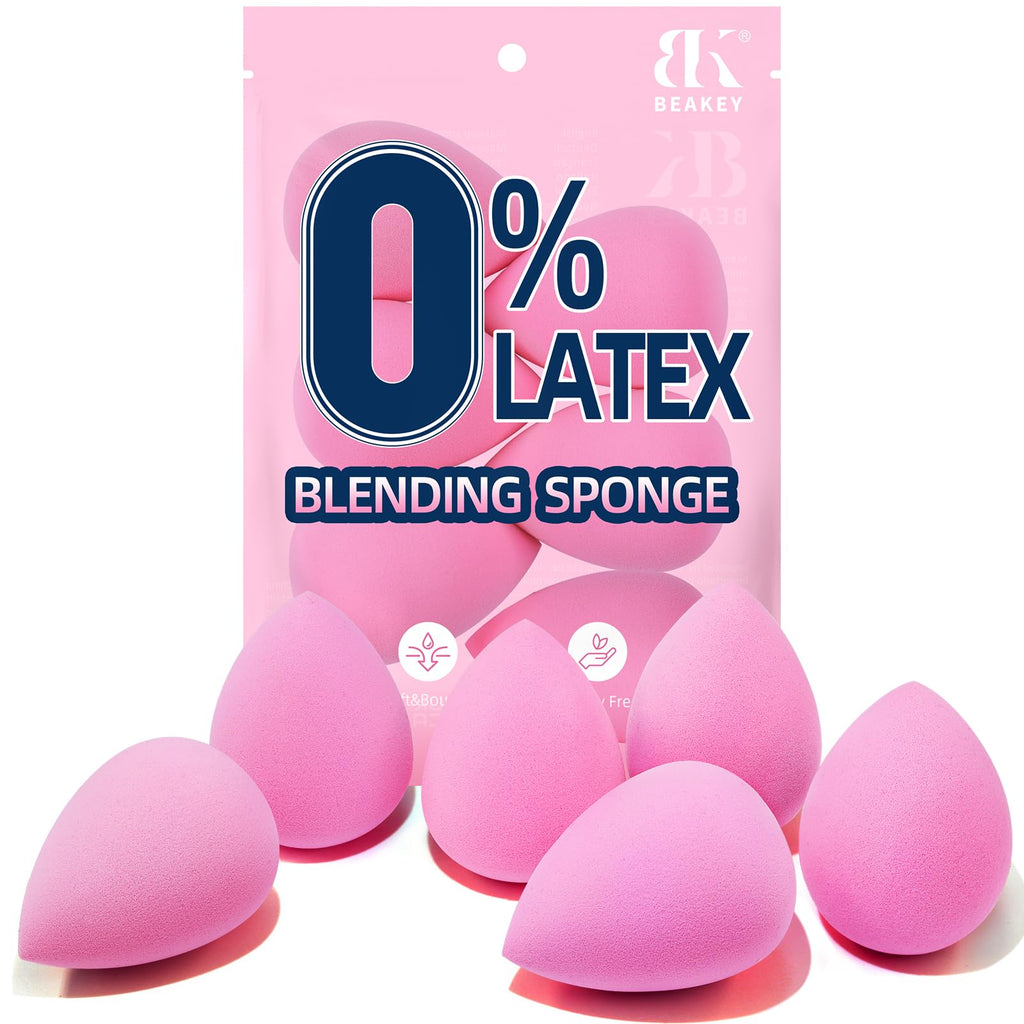 BEAKEY Makeup Sponge Set of 6, Super Soft Beauty Sponges for Foundation | for Liquid, Cream & Powder Application, Pink Blender for Flawless Blending, 0 Latex Vegan & Cruelty-Free, Reusable