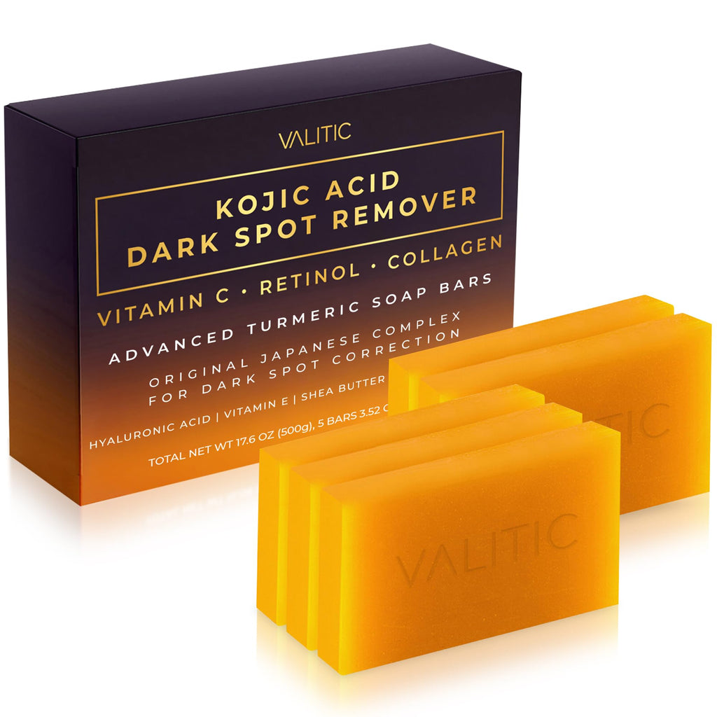 Buy now VALITIC Kojic Acid Dark Spot Remover Soap Bars with Vitamin C, Retinol, Collagen, Turmeric - Original Japanese Complex Infused with Hyaluronic Acid, Vitamin E, Shea Butter, Castile Olive Oil (2 Pack) at indiglob india
