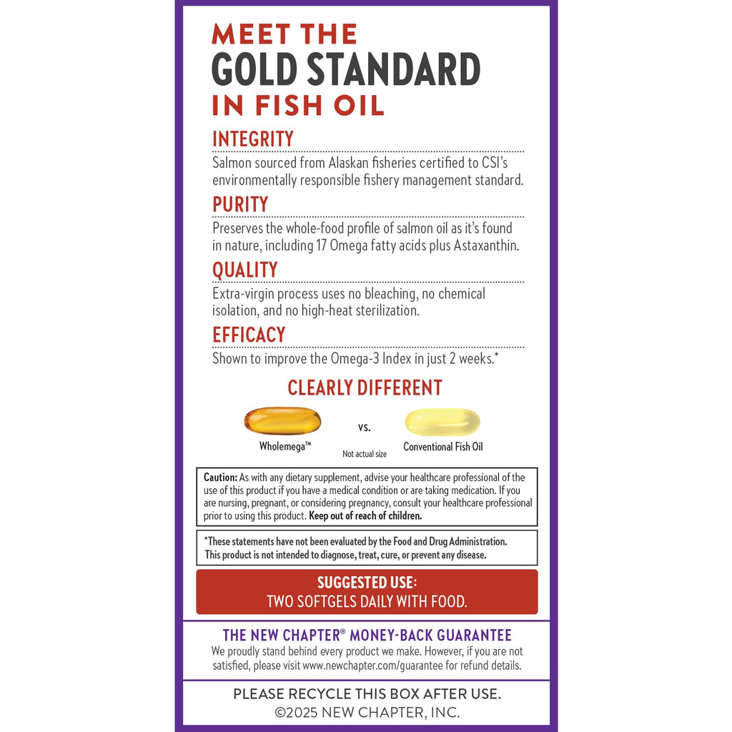 New Chapter Wholemega Wild Alaskan Salmon Oil, 180 Softgels | 2000 mg per Serving, Clinically Proven Omega-3 for Heart, Brain, and Joint Health, with Vitamin D3 and Astaxanthin