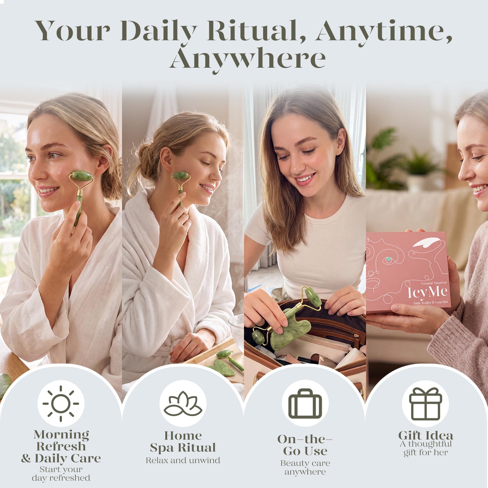 BAIMEI IcyMe Gua Sha & Jade Roller Set for Facial Sculpting and Relaxation | Cooling Face Roller & Guasha Tool for Face Depuffing & Jawline Definition, Beauty Skin Care Tool Gifts for Women–Green