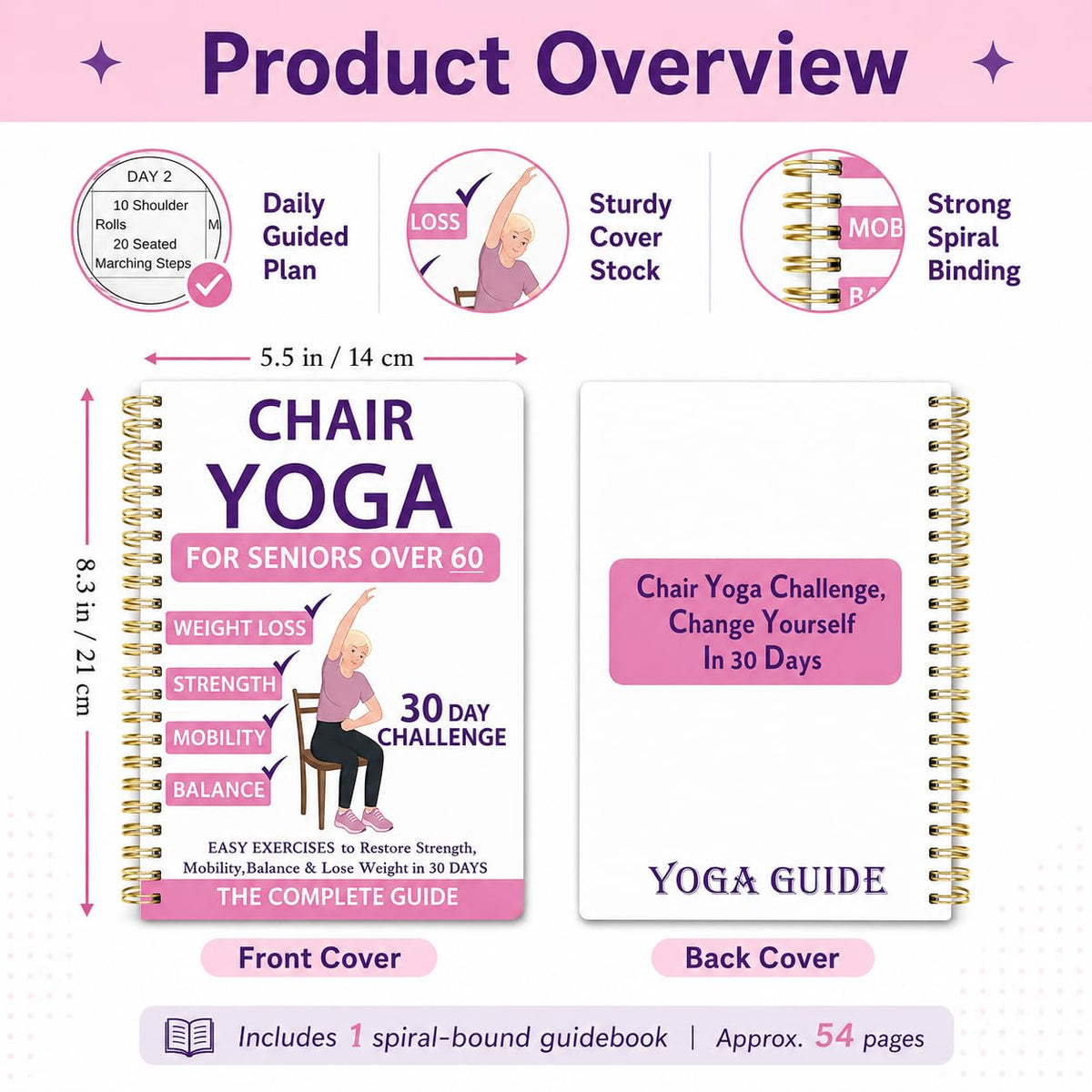 Chair Yoga For Seniors Over 60 Book & Chart,30-Day Beginner Challenge with 54-Page Spiral Bound Exercise Guide,Senior Fitness Planner for Weight Loss,Toning,Flexibility and Daily Workouts,Pink