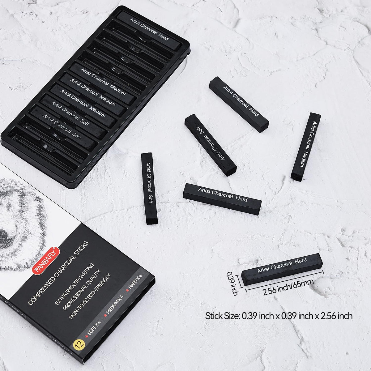 PANDAFLY Compressed Charcoal Sticks, 12 Pack, Soft Medium & Hard