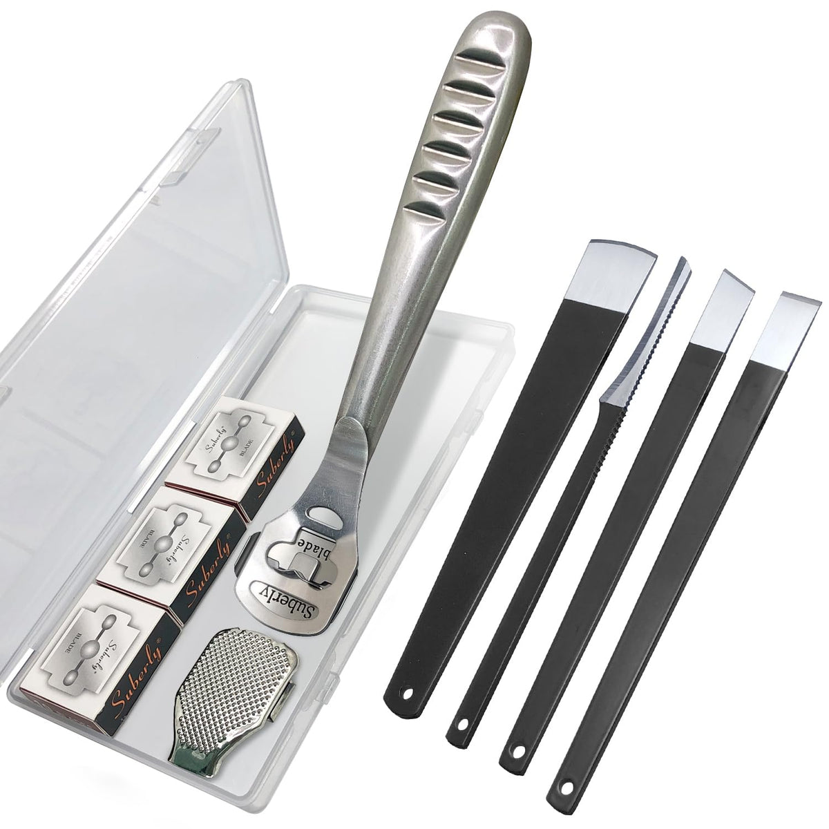 36 Pcs Callus Shaver for Feet Set, (1Stainless Foot File &1 Foot File Heads & 30 Replacement Slices Blades & 4 Pedicure Knife), Professional Callus Remover for Feet Tools for Wet and Dry Feet