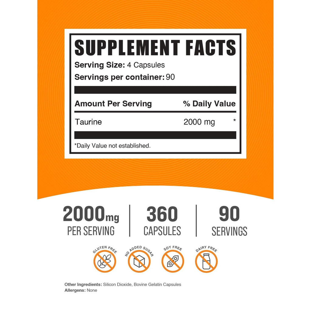 BulkSupplements.com Taurine Capsules - Taurine Supplement, Taurine 2000mg, Amino Acids for Heart Health, Taurine Pills - Gluten Free, 4 Taurine 500mg Capsules per Serving (2000mg), 360 Capsules