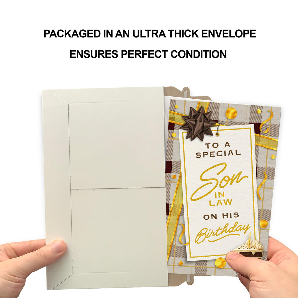 Prime Greetings Son In Law Birthday Card, Made in America, Thick Card Stock with Premium Envelope Packaged in a Reusable Presentation Mailer, Eco-Friendly, 5in x 7.75in