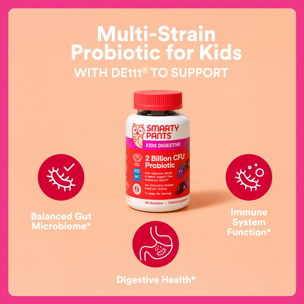 SmartyPants Kids Probiotic Gummies for Digestive Health: 2 Billion CFU Gut Health and Immune Support Supplement, Clinically Studied Probiotic, Gluten Free, Grape, 30 Count (30 Day Supply)